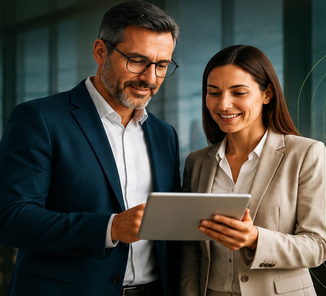 Dois profissionais analisando indicadores em um tablet em ambiente corporativo