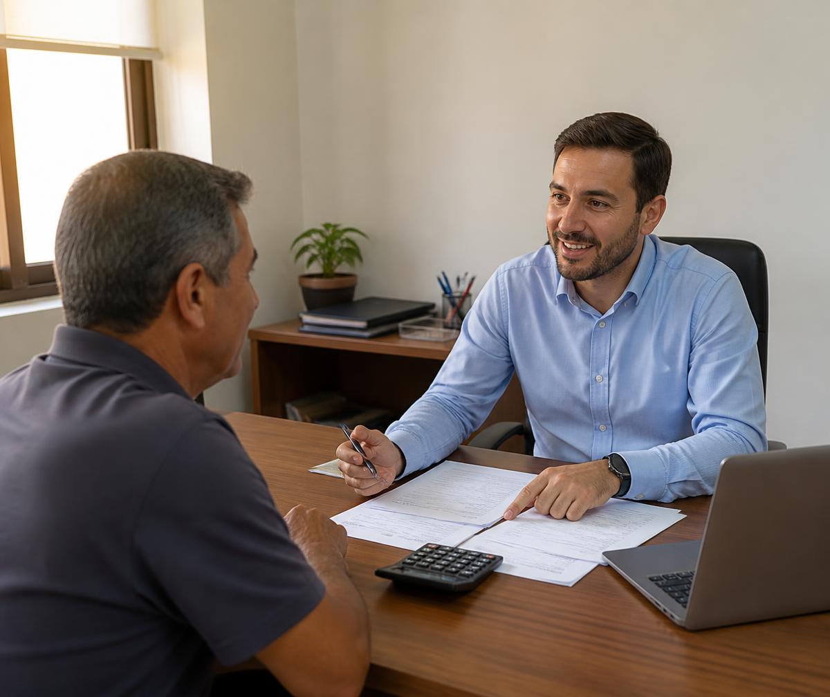 Contador da Geniu's Organização Contábil atendendo um cliente no escritório em Francisco Morato
