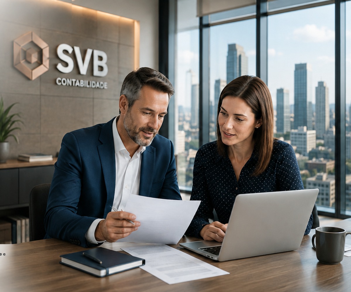 Profissionais de contabilidade analisando relatórios em escritório corporativo com vista para a cidade