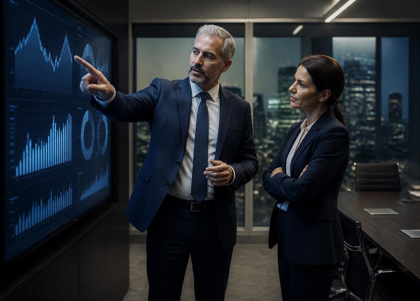 Executivos analisando indicadores financeiros em sala de reunião
